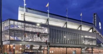 Installing the hawk wing-inspired glass façade at Kinnick Stadium Kinnick Stadium